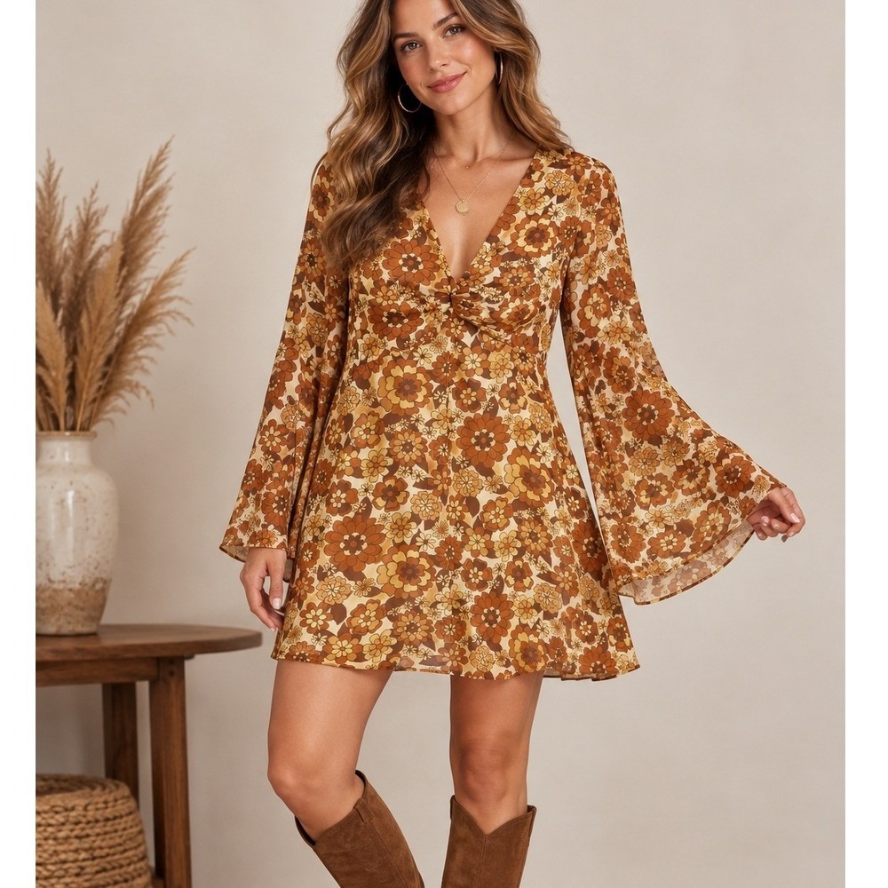 Retro Mini Dress Brown Mod Floral 70s Boho Bell Sleeve Groovy Festival Hippie L